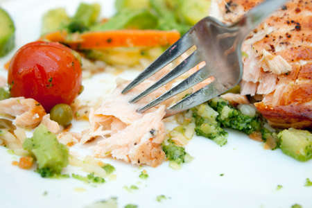 A white plate with a healthy portion of salmon and salad.の写真素材