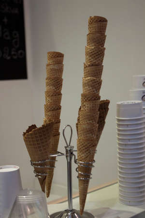 Empty ice-cream cones in ice-cream parlor