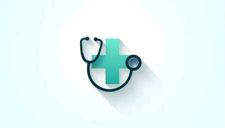 Clean and modern medical icon featuring a stethoscope wrapped around a teal cross. Ideal for healthcare, medicine, pharmacy, or wellness concepts.の素材
