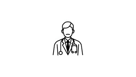 Minimalist line art icon of a male doctor in a lab coat with a stethoscope, representing healthcare, medical services, and professional assistance. Perfect for web, app, and design projects.の素材