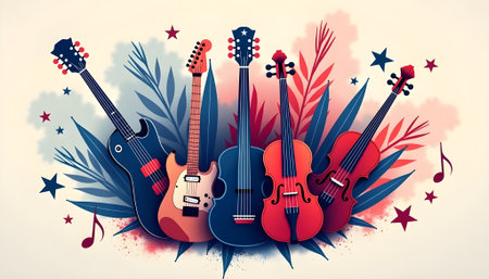 Vibrant watercolor illustration of musical instruments including guitars and violins, adorned with patriotic red, white, and blue colors, stars, and leaves. Ideal for music events, invitations, or artの素材