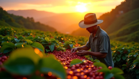 A dedicated coffee farmer meticulously harvests ripe red coffee cherries on a lush green plantation during a beautiful golden hour sunset. The vibrant colors of the berries contrast with the warm glowの素材