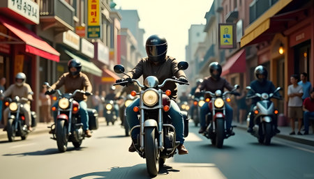 A group of motorcyclists, wearing helmets and leather jackets, ride their bikes down a bustling city street. The scene captures the spirit of adventure and urban exploration.の素材