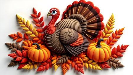 Thanksgiving turkey and autumn leaves on white background. 3d illustrationの素材