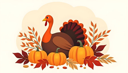 Thanksgiving background with turkey, pumpkins and leaves. Vector illustration.の素材