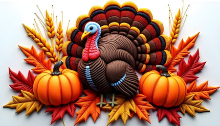 Thanksgiving turkey and pumpkins on white background. 3D illustration.の素材