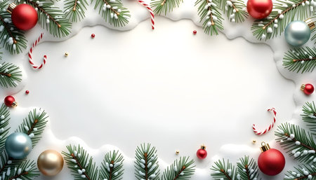 Christmas background with fir branches, candy canes and balls. Top view. 3d illustrationの素材