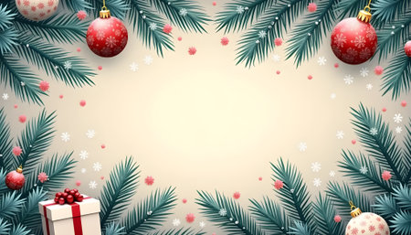 Christmas background with fir branches, red balls, gift box and snowflakes. Vector illustration.の素材