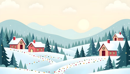 Winter mountain landscape with houses and christmas decorations. Vector illustration.の素材