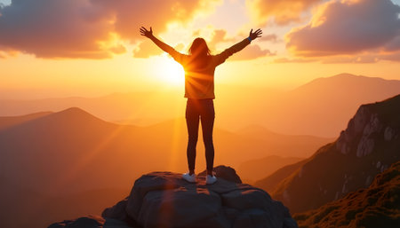Silhouette of a happy woman standing on the top of a mountain and raising her hands up in the air.の素材