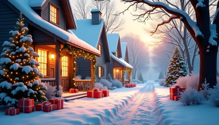 Winter landscape with snow covered houses and Christmas trees. 3d renderingの素材