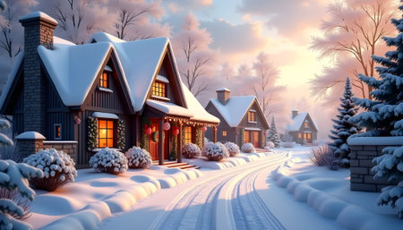 Winter landscape with snow covered houses. 3D rendering. Christmas background.の素材
