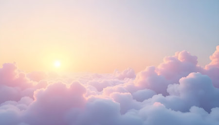 Aerial view above white clouds on sunset sky. 3d illustrationの素材