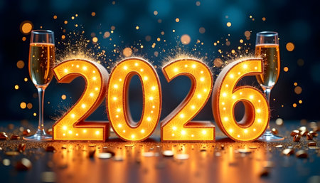 New Year 2016 with two glasses of champagne on bokeh backgroundの素材