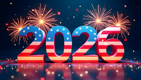 Happy New Year 2020. American flag with fireworks. Vector illustration.の素材
