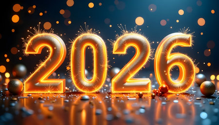 Happy New Year 2016 with sparklers and Christmas balls. 3D Renderingの素材