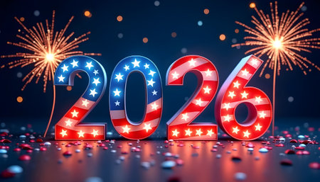 Happy New Year 2016. American Flag and fireworks background. 3D illustrationの素材