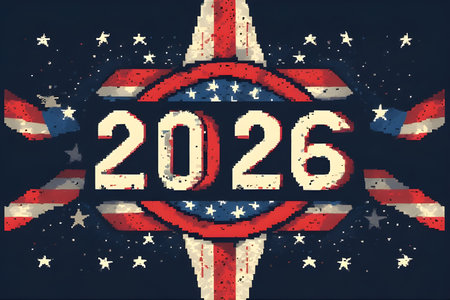 Happy New Year 2016 in pixel art style with american flag.の素材