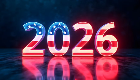 New year 2016 with American flag on dark background. 3D renderingの素材