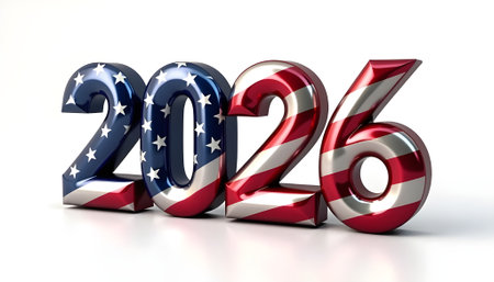 3d illustration of new year 2016 with american flag on white backgroundの素材