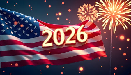Happy New Year 2020. American flag and fireworks. 3D illustrationの素材