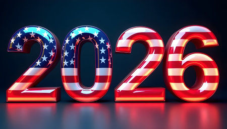 2020 New Year 3d illustration. Red numbers with american flag on dark backgroundの素材