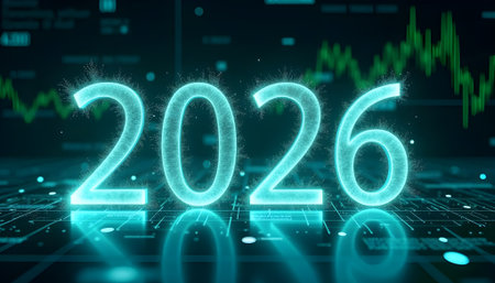 New year 2016 glowing neon numbers on digital background. 3D renderingの素材