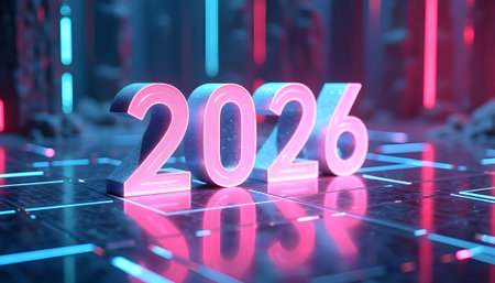 2026 new year neon 3d rendering. Computer digital image.の素材