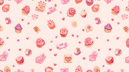 Seamless pattern with hand drawn cupcakes and hearts on pink backgroundの素材