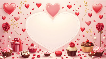 Valentine's day background with cupcakes, gift box and heartsの素材