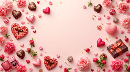 Valentine's day background with chocolate candies, roses and hearts on pinkの素材