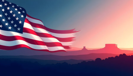 American flag waving in the wind at sunset background. Vector illustration.の素材