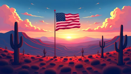 Desert landscape with cactus and USA flag at sunset vector illustrationの素材