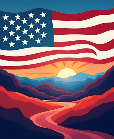 American flag in the mountains at sunset. Vector illustration for your designの素材