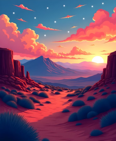 Fantasy landscape with mountains and sun at sunset. Vector illustration.の素材