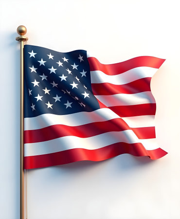 American flag waving in the wind on a white background. 3d renderingの素材