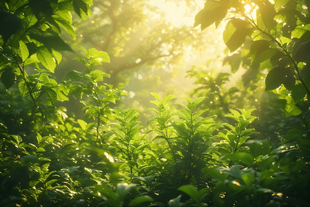 Green leaves in the morning light with sunbeams. Nature backgroundの素材