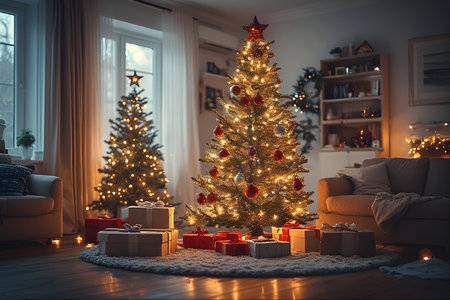 Christmas tree with presents in the living room at home. Christmas interior.の素材