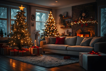 Christmas living room interior with Christmas tree and presents. 3d renderingの素材