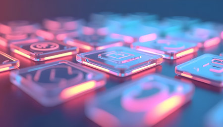 Futuristic abstract background with neon glowing hexagons. 3D renderingの素材