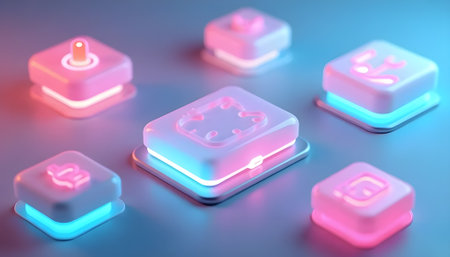 3d rendering of plastic buttons with different icons in blue and pinkの素材