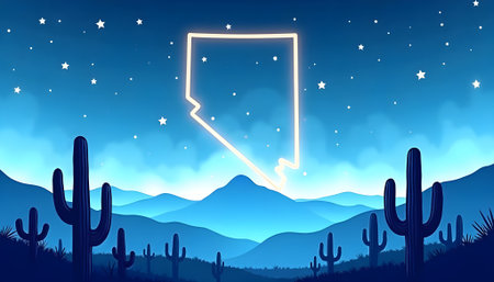 Neon map of Arizona with cacti and mountains at nightの素材