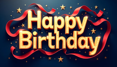 Happy Birthday Greeting Card. Golden Lettering with Red Ribbon on Blue Background. Vector Illustrationの素材