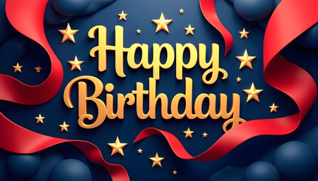 Happy Birthday greeting card with red ribbon and confetti. Vector illustration.の素材