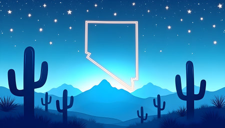 Illustration of a desert landscape with cactuses and mountains at nightの素材