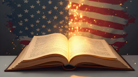 Open book with American flag in the background. 3D illustration.の素材