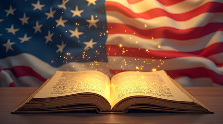 Open book with glowing stars on the background of the United States flagの素材