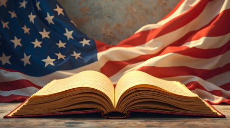 Open book with American flag on wooden table, closeup. Space for textの素材