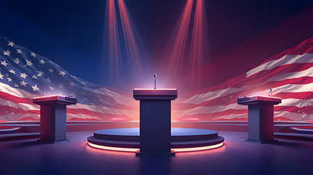 Podium tribune with american flag background, 3d renderの素材