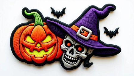 Halloween pumpkins with witch hat and bats on white background.の素材